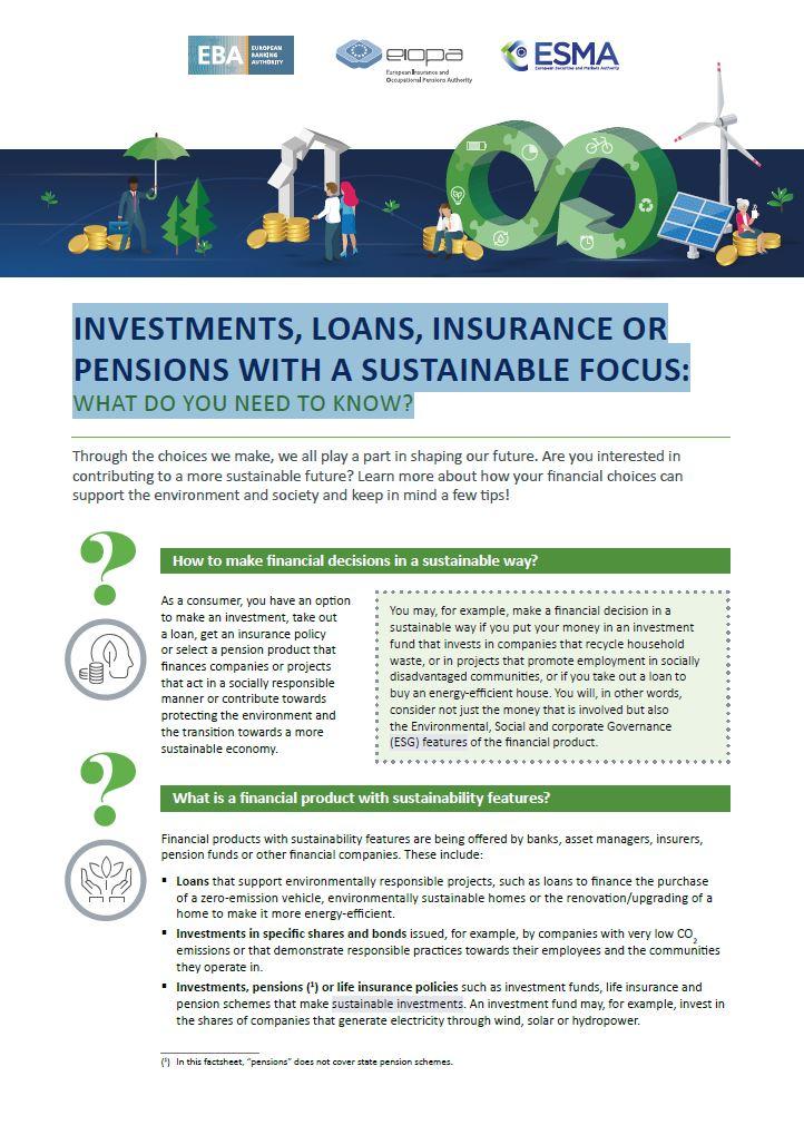 tips to consumers considering buying financial products with sustainability features, including loans, investments, insurances and pensions